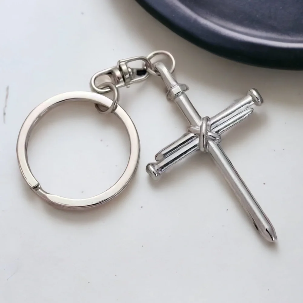 3 Nail Cross Keychain Religious Christian Key Ring Accessory Silver Unisex Gift